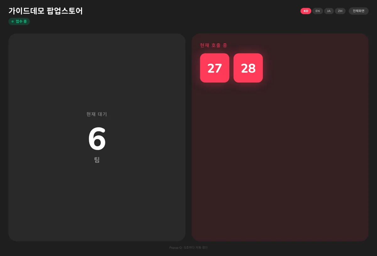 팝업 현장 대기 현황판. 현재 대기 6팀과 현재 호출 중인 번호 27, 28이 크게 표시되고 KO/EN/JA/ZH 언어 전환 버튼이 있다.