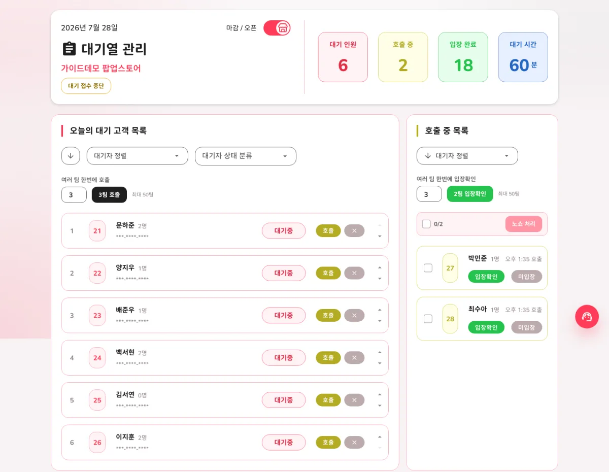 팝업큐 대기열 관리 화면. 대기 6, 호출 중 2, 입장 완료 18, 대기 시간 60분 지표와 대기 접수 중단 버튼, 팀별 호출·입장확인·노쇼 처리 버튼이 보인다.